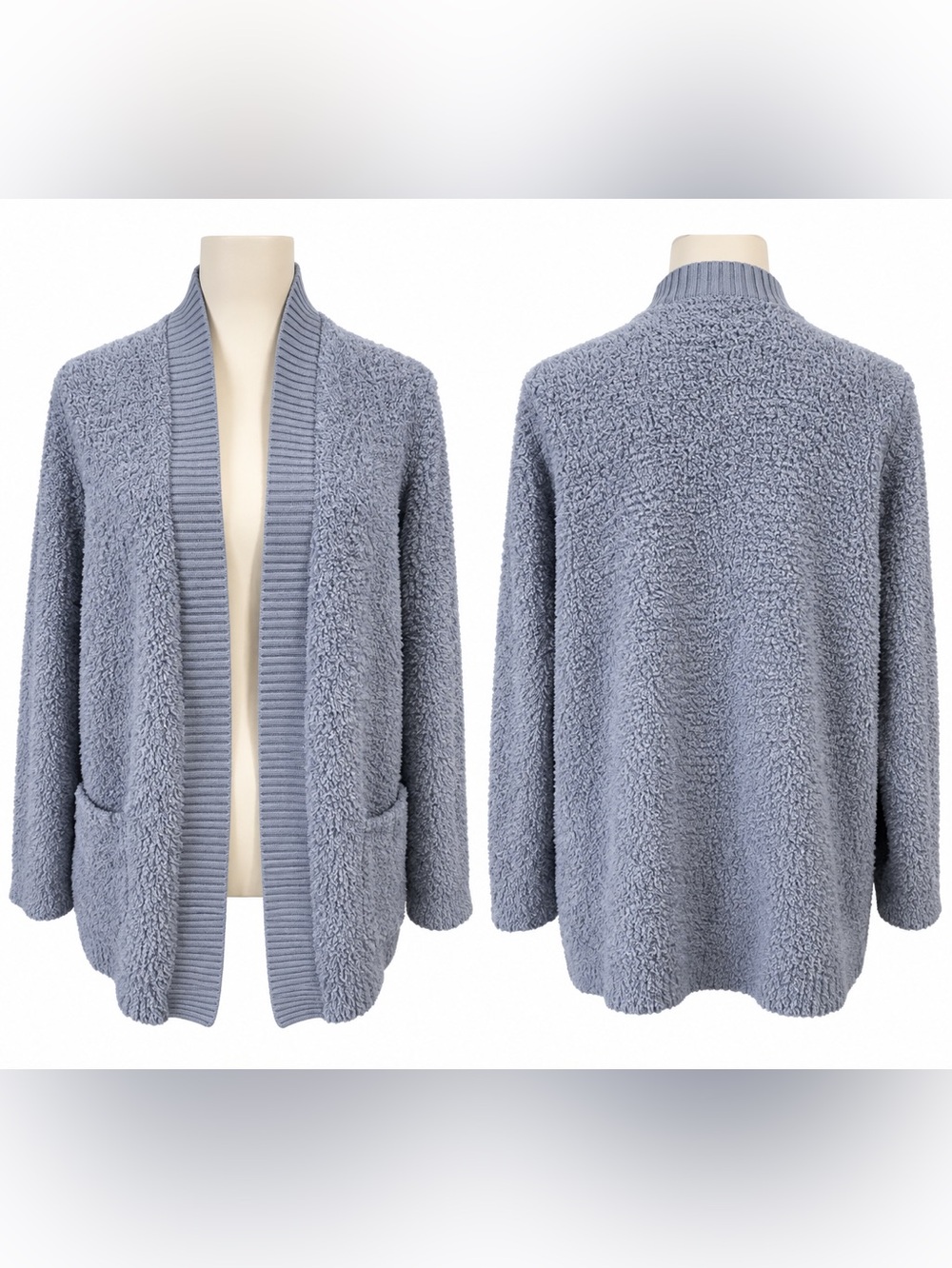 Chunky Cozy Lite Open Cardigan Blue Gray Large Soft Boucle Knit Barefoot Dreams
